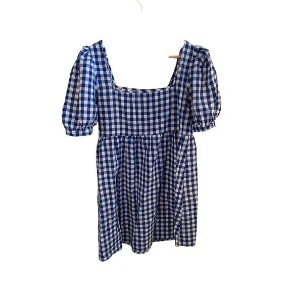 Shein Blue Mini Babydoll Dress Square Neck Gingham Puff Sleeve Women's Size M - Picture 1 of 5